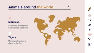 Animals around the world
Tigers
Monkeys
Mercury is the closest
planet to the Sun
It’s actually a cold place.
It’s full of iron oxide dust
 