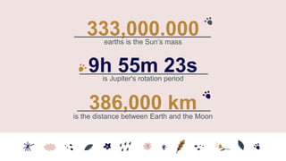 333,000.000
is the distance between Earth and the Moon
9h 55m 23s
is Jupiter's rotation period
earths is the Sun’s mass
386,000 km
 