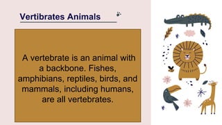 Vertibrates Animals
A vertebrate is an animal with
a backbone. Fishes,
amphibians, reptiles, birds, and
mammals, including humans,
are all vertebrates.
 