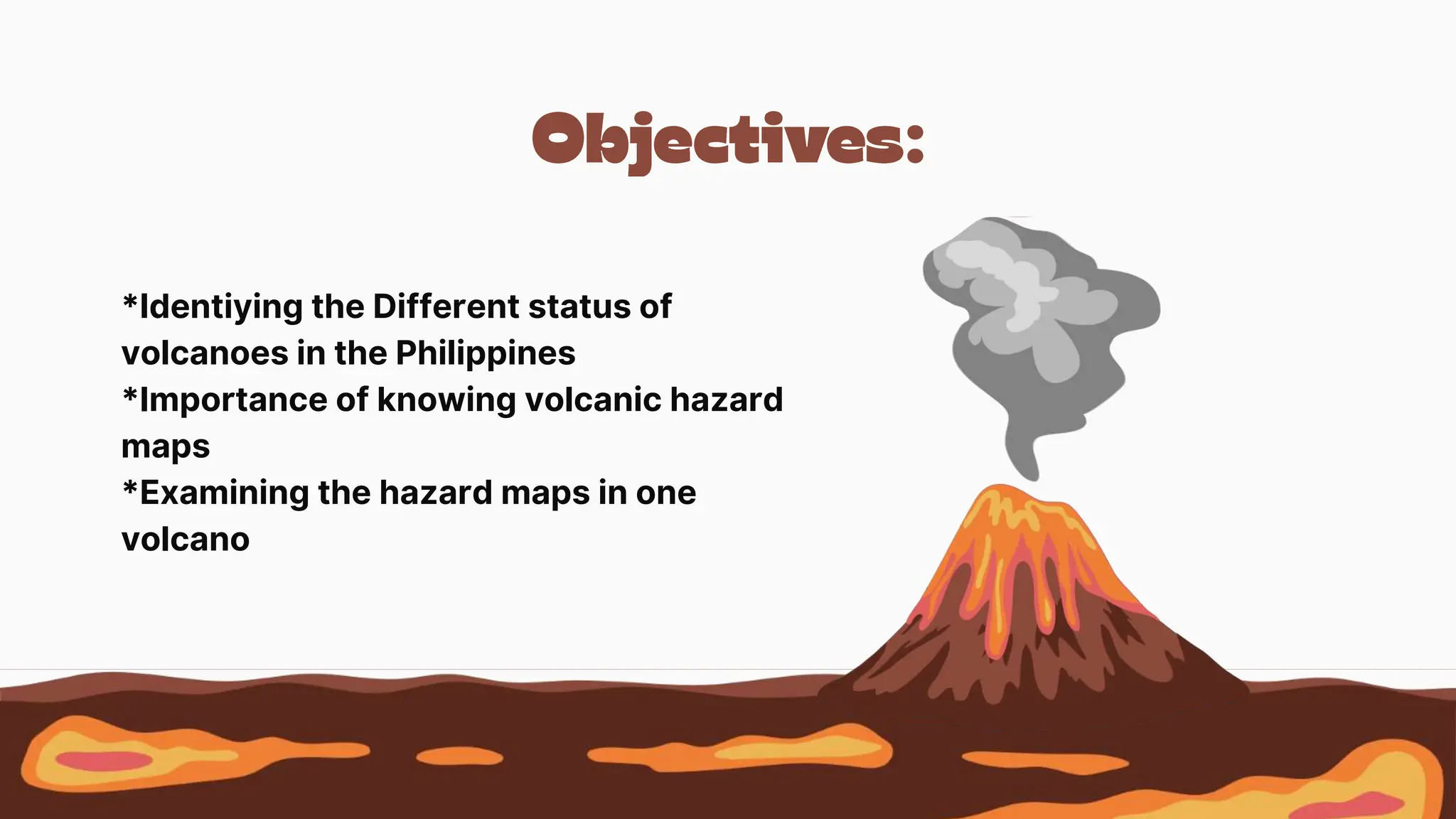 *Identiying the Different status of
volcanoes in the Philippines
*Importance of knowing volcanic hazard
maps
*Examining the hazard maps in one
volcano
 