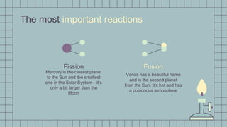 The most important reactions
Fission Fusion
Venus has a beautiful name
and is the second planet
from the Sun. It’s hot and has
a poisonous atmosphere
Mercury is the closest planet
to the Sun and the smallest
one in the Solar System—it’s
only a bit larger than the
Moon
 