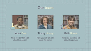 Our team
Jenna Doe
Here you can talk a bit
about this person
Timmy Jimmy
Here you can talk a bit
about this person
Beth Bones
Here you can talk a bit
about this person
 