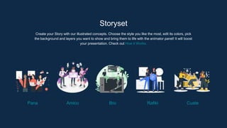 Storyset
Create your Story with our illustrated concepts. Choose the style you like the most, edit its colors, pick
the background and layers you want to show and bring them to life with the animator panel! It will boost
your presentation. Check out How it Works.
Pana Amico Bro Rafiki Cuate
 