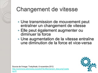 Changement de vitesse

       Une transmission de mouvement peut
        entraîner un changement de vitesse
       Elle peut également augmenter ou
        diminuer la force
       Une augmentation de la vitesse entraîne
        une diminution de la force et vice-versa




Source de l’image: Tvskyfreak, 6 novembre 2012.
http://commons.wikimedia.org/wiki/File:Mechanism_blue.png?usela
ng=fr
 