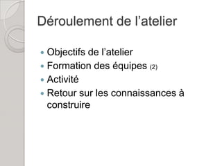 Déroulement de l’atelier

 Objectifs de l’atelier
 Formation des équipes (2)
 Activité
 Retour sur les connaissances à
  construire
 