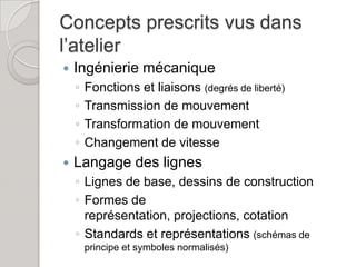 Concepts prescrits vus dans
l’atelier
   Ingénierie mécanique
    ◦   Fonctions et liaisons (degrés de liberté)
    ◦   Transmission de mouvement
    ◦   Transformation de mouvement
    ◦   Changement de vitesse
   Langage des lignes
    ◦ Lignes de base, dessins de construction
    ◦ Formes de
      représentation, projections, cotation
    ◦ Standards et représentations (schémas de
        principe et symboles normalisés)
 