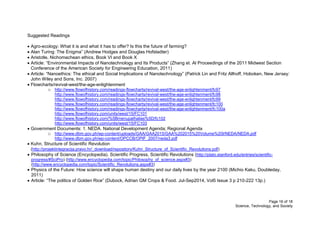 Page 16 of 18
Science, Technology, and Society
Suggested Readings
 Agro-ecology: What it is and what it has to offer? Is this the future of farming?
 Alan Turing: The Enigma” (Andrew Hodges and Douglas Hofstadter)
 Aristotle, Nichomachean ethics, Book VI and Book X
 Article: “Environmental Impacts of Nanotechnology and Its Products” (Zhang et. Al Proceedings of the 2011 Midwest Section
Conference of the American Society for Engineering Education, 2011)
 Article: “Nanoethics: The ethical and Social Implications of Nanotechnology” (Patrick Lin and Fritz Allhoff, Hoboken, New Jersey:
John Wiley and Sons, Inc. 2007)
 Flowcharts/revival-west/the-age-enlightenment
o http://www.flowofhistory.com/readings-flowcharts/revival-west/the-age-enlightenment/fc97
http://www.flowofhistory.com/readings-flowcharts/revival-west/the-age-enlightenment/fc98
http://www.flowofhistory.com/readings-flowcharts/revival-west/the-age-enlightenment/fc99
http://www.flowofhistory.com/readings-flowcharts/revival-west/the-age-enlightenment/fc100
http://www.flowofhistory.com/readings-flowcharts/revival-west/the-age-enlightenment/fc100a
http://www.flowofhistory.com/units/west/15/FC101
http://www.flowofhistory.com/%5Bmenupathalias%5D/fc102
http://www.flowofhistory.com/units/west/15/FC103
 Government Documents: 1. NEDA. National Development Agenda; Regional Agenda
o http://www.dbm.gov.ph/wp-content/uploads/GAA/GAA2015/GAA%202015%20Volume%20I/NEDA/NEDA.pdf
http://www.dbm.gov.ph/wp-content/OPCCB/OPIF_2007/neda3.pdf
 Kuhn, Structure of Scientific Revolution
(http://projektintegracija.pravo.hr/_download/repository/Kuhn_Structure_of_Scientific_Revolutions.pdf)
 Philosophy of Science (Encyclopedia). Scientific Progress, Scientific Revolutions (http://plato.stanford.edu/entries/scientific-
progress/#SciPro) (http://www.encyclopedia.com/topic/Philosophy_of_science.aspx#3)
(http://www.encyclopedia.com/topic/Scientific_Revolutions.aspx#3)
 Physics of the Future: How science will shape human destiny and our daily lives by the year 2100 (Michio Kaku, Doubleday,
2011)
 Article: “The politics of Golden Rice” (Dubock, Adrian GM Crops & Food. Jul-Sep2014, Vol5 Issue 3 p 210-222 13p.)
 