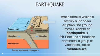 EARTHQUAKE
When there is volcanic
activity such as an
eruption, the ground
moves, and so an
earthquake is
felt.Because subduction
continues, a group of
volcanoes, called
volcanic arc,
 