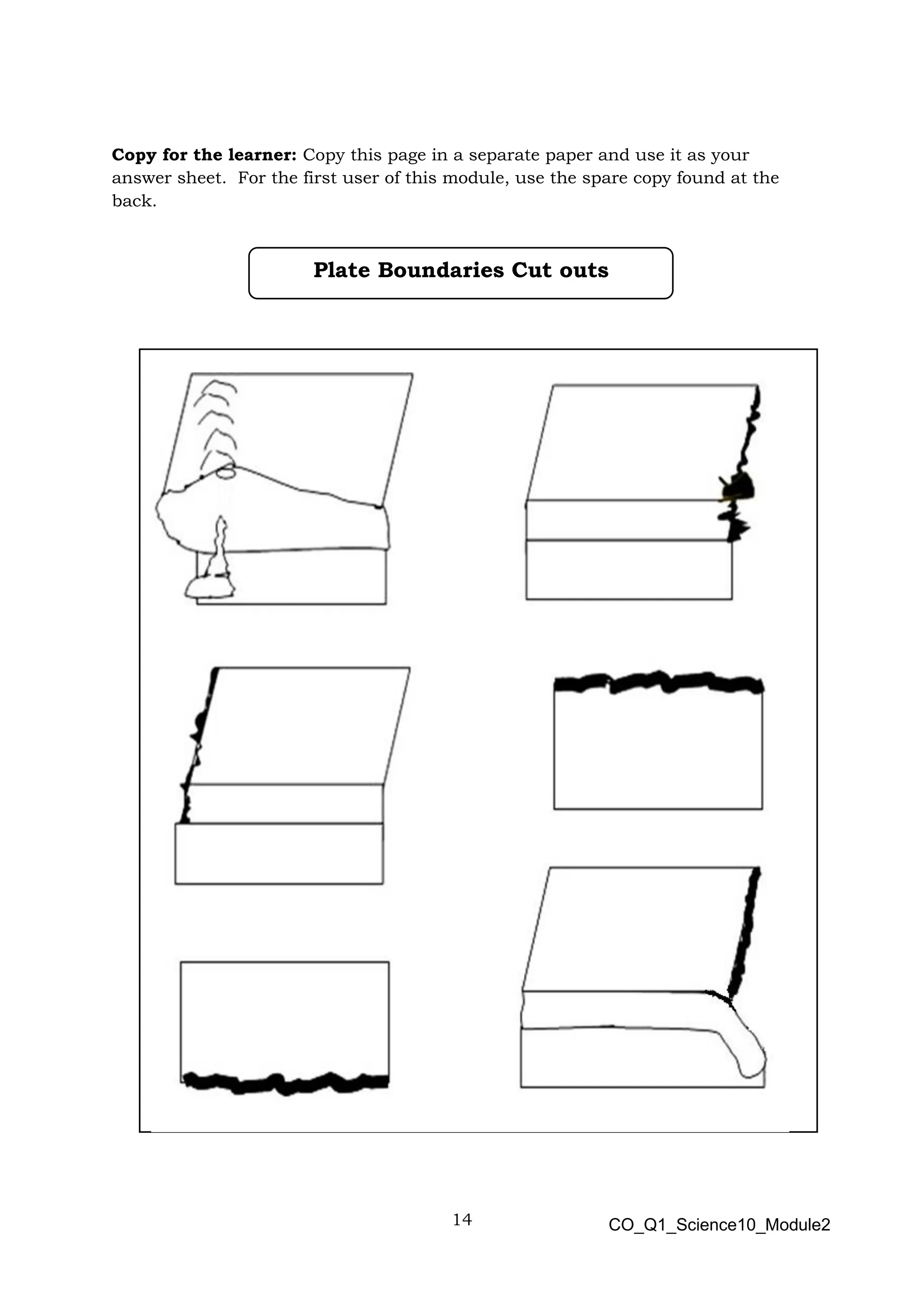 14 CO_Q1_Science10_Module2
Copy for the learner: Copy this page in a separate paper and use it as your
answer sheet. For the first user of this module, use the spare copy found at the
back.
Plate Boundaries Cut outs
 