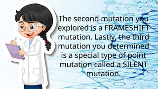 The second mutation you
explored is a FRAMESHIFT
mutation. Lastly, the third
mutation you determined
is a special type of point
mutation called a SILENT
mutation.
 