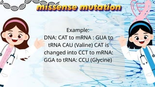 Example:
DNA: CAT to mRNA : GUA to
tRNA CAU (Valine) CAT is
changed into CCT to mRNA:
GGA to tRNA: CCU (Glycine)
 