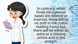 In contrary, when
three nitrogenous
bases are deleted or
inserted, there will be
no shift in the codon
reading frame but,
there will be either an
extra or a missing
amino acid in the
protein.
 