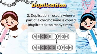 2. Duplication – occurs when a
part of a chromosome is copied
(duplicated) too many times.
 