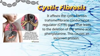 It affects the cystic fibrosis
transmembrane conductance
regulator (CFTR) gene that leads
to the deletion of the amino acid
phenylalanine. This causes an
incorrect protein.
 