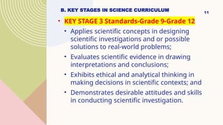 B. KEY STAGES IN SCIENCE CURRICULUM
• KEY STAGE 3 Standards-Grade 9-Grade 12
• Applies scientific concepts in designing
scientific investigations and or possible
solutions to real-world problems;
• Evaluates scientific evidence in drawing
interpretations and conclusions;
• Exhibits ethical and analytical thinking in
making decisions in scientific contexts; and
• Demonstrates desirable attitudes and skills
in conducting scientific investigation.
11
 