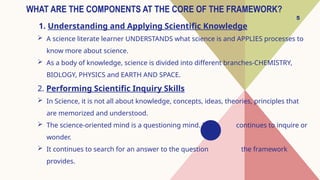 5
WHAT ARE THE COMPONENTS AT THE CORE OF THE FRAMEWORK?
1. Understanding and Applying Scientific Knowledge
 A science literate learner UNDERSTANDS what science is and APPLIES processes to
know more about science.
 As a body of knowledge, science is divided into different branches-CHEMISTRY,
BIOLOGY, PHYSICS and EARTH AND SPACE.
2. Performing Scientific Inquiry Skills
 In Science, it is not all about knowledge, concepts, ideas, theories, principles that
are memorized and understood.
 The science-oriented mind is a questioning mind. It continues to inquire or
wonder.
 It continues to search for an answer to the question the framework
provides.
 