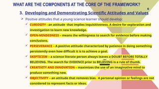 6
WHAT ARE THE COMPONENTS AT THE CORE OF THE FRAMEWORK?
3. Developing and Demonstrating Scientific Attitudes and Values
 Positive attitudes that a young science learner should develop:
 CURIOSITY - an attitude that implies inquisitiveness. A desire for exploration and
investigation to learn new knowledge.
 OPEN-MINDEDNESS – means the willingness to search for evidence before making
conclusions.
 PERSEVERANCE – A positive attitude characterized by patience in doing something
persistently even how difficult it is to achieve a goal.
 SKEPTICISM – a science literate person always leaves a DOUBT BEFORE TOTALLY
BELIEVING. The search for EVIDENCE prior to BELIEVING is a rule of thumb.
 CREATIVITY AND INNOVATION – maximizes the use of an imaginative mind to
produce something new.
 OBJECTIVITY – an attitude that removes bias. A personal opinion or feelings are not
considered to represent facts or ideas.
 