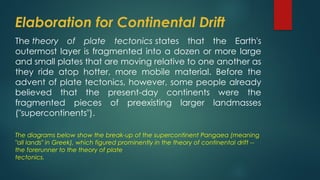 Elaboration for Continental Drift
The theory of plate tectonics states that the Earth's
outermost layer is fragmented into a dozen or more large
and small plates that are moving relative to one another as
they ride atop hotter, more mobile material. Before the
advent of plate tectonics, however, some people already
believed that the present-day continents were the
fragmented pieces of preexisting larger landmasses
("supercontinents").
The diagrams below show the break-up of the supercontinent Pangaea (meaning
"all lands" in Greek), which figured prominently in the theory of continental drift --
the forerunner to the theory of plate
tectonics.
 