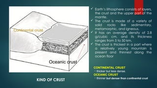 Continental crust
Oceanic crust
 Earth’s lithosphere consists of layers,
the crust and the upper part of the
mantle.
 The crust is made of a variety of
solid rocks like sedimentary,
metamorphic, and igneous.
 It has an average density of 2.8
g/cubic cm. and its thickness
ranges from 5 to 50 km.
 The crust is thickest in a part where
a relatively young mountain is
present and thinnest along the
ocean floor
KIND OF CRUST
CONTINENTAL CRUST
thicker but less dense.
OCEANIC CRUST
thinner but denser than continental crust
 