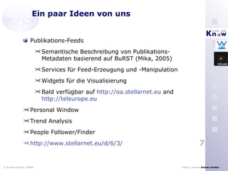 Ein paar Ideen von uns Publikations-Feeds Semantische Beschreibung von Publikations-Metadaten basierend auf BuRST (Mika, 2005) Services für Feed-Erzeugung und -Manipulation Widgets für die Visualisierung Bald verfügbar auf  http://oa.stellarnet.eu  and  http://teleurope.eu Personal Window Trend Analysis People Follower/Finder http://www.stellarnet.eu/d/6/3/ 