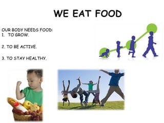 WE EAT FOOD
OUR BODY NEEDS FOOD:
1. TO GROW.
2. TO BE ACTIVE.
3. TO STAY HEALTHY.
 