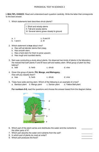 PERIODICAL TEST IN SCIENCE 2
I. MULTIPL CHOICE: Read and understand each question carefully. Write the letter that corresponds
to the best answer.
1. Which statements best describes shrub plants?
a. I c. II and III
b. I and II d. III
2. Which statement is true about vine?
a. Has soft ad slender stems that creep.
b. Has smooth stem.
c. Has a hard stem for them to grow upward.
d. Has rough and rounded stems.
3. Sam was conducting a study about plants. He observed two kinds of plants in the laboratory.
He noticed that both plants A and B have soft and watery stem. What group of plant do they
belong?
a. tree b. herb c. shrub d. vine
4. Given this group of plants: Pili, Mango, and Mahogany.
How will you classify them?
a. tree b. herb c. shrub d. vine
5. Trees have wide and big stem. Which of the following is an example of a tree?
a. Bamboo plant b. Mango plant c. Santan plant d. Yellow Bell plant
For numbers 6-9, read the questions and choose the answer based from the diagram below.
6. Which part of the plant carries and distributes the water and the nutrients to __________
the other parts of it?
7. Which part absorbs the water and nutrients from the soil? __________
8. In which part of plants do most air enter? __________
9. Which part produces the food? __________
I. Short and woody stems
II. Tall and woody stems
III. Several stems grows closely to ground
c
b
d
a
 