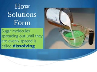 How
   Solutions
    Form
Sugar molecules
spreading out until they
are evenly spaced is
called dissolving.
 