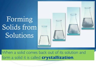 Forming
Solids from
 Solutions

When a solid comes back out of its solution and
form a solid it is called crystallization.
 