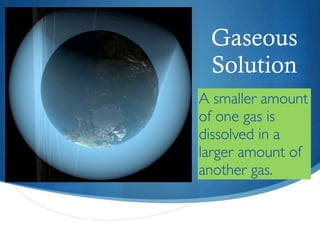Gaseous
 Solution
A smaller amount
of one gas is
dissolved in a
larger amount of
another gas.
 