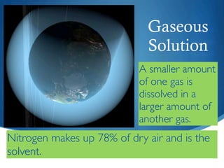 Gaseous
                             Solution
                           A smaller amount
                           of one gas is
                           dissolved in a
                           larger amount of
                           another gas.
Nitrogen makes up 78% of dry air and is the
solvent.
 