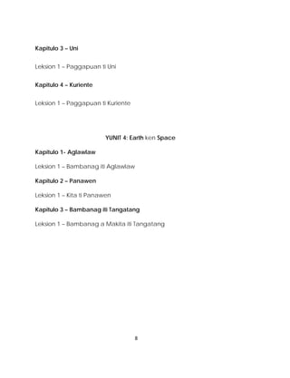 Kapitulo 3 – Uni 
Leksion 1 – Paggapuan ti Uni 
Kapitulo 4 – Kuriente 
Leksion 1 – Paggapuan ti Kuriente 
YUNIT 4: Earth ken Space 
Kapitulo 1- Aglawlaw 
Leksion 1 – Bambanag iti Aglawlaw 
Kapitulo 2 – Panawen 
Leksion 1 – Kita ti Panawen 
Kapitulo 3 – Bambanag iti Tangatang 
Leksion 1 – Bambanag a Makita iti Tangatang 
8 
 