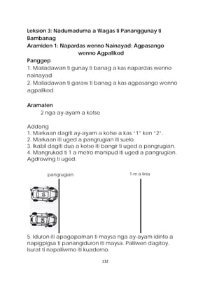 Leksion 3: Nadumaduma a Wagas ti Pananggunay ti Bambanag 
Aramiden 1: Napardas wenno Nainayad; Agpasango wenno Agpalikod 
Panggep 
1. Mailadawan ti gunay ti banag a kas napardas wenno nainayad 
2. Mailadawan ti garaw ti banag a kas agpasango wenno agpalikod. 
Aramaten 
2 nga ay-ayam a kotse 
Addang 
1. Markaan dagiti ay-ayam a kotse a kas “1” ken “2”. 
2. Markaan iti uged a pangrugian iti suelo. 
3. Ikabil dagiti dua a kotse iti bangir ti uged a pangrugian. 
4. Mangrukod ti 1 a metro manipud iti uged a pangrugian. Agdrowing ti uged. 
1. 
5. Iduron iti apagapaman ti maysa nga ay-ayam idinto a napigpigsa ti panangiduron iti maysa. Paliiwen dagitoy. Isurat ti napaliiwmo iti kuaderno. 
pangrugian 
1-m a linia 
132 
 