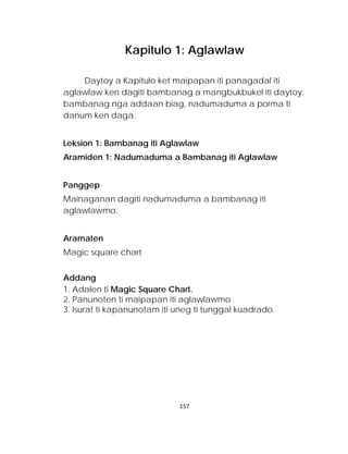 Kapitulo 1: Aglawlaw 
Daytoy a Kapitulo ket maipapan iti panagadal iti aglawlaw ken dagiti bambanag a mangbukbukel iti daytoy: bambanag nga addaan biag, nadumaduma a porma ti danum ken daga. 
Leksion 1: Bambanag iti Aglawlaw 
Aramiden 1: Nadumaduma a Bambanag iti Aglawlaw 
Panggep 
Mainaganan dagiti nadumaduma a bambanag iti aglawlawmo. 
Aramaten 
Magic square chart 
Addang 
1. Adalen ti Magic Square Chart. 
2. Panunoten ti maipapan iti aglawlawmo 
3. Isurat ti kapanunotam iti uneg ti tunggal kuadrado. 157 
 
