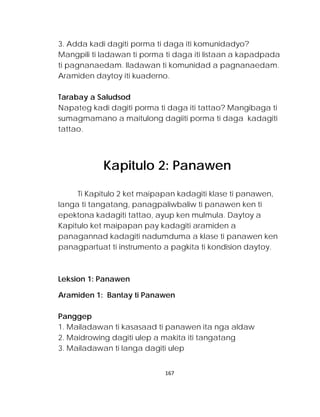 3. Adda kadi dagiti porma ti daga iti komunidadyo? Mangpili ti ladawan ti porma ti daga iti listaan a kapadpada ti pagnanaedam. Iladawan ti komunidad a pagnanaedam. Aramiden daytoy iti kuaderno. 
Tarabay a Saludsod 
Napateg kadi dagiti porma ti daga iti tattao? Mangibaga ti sumagmamano a maitulong dagiiti porma ti daga kadagiti tattao. 
Ti Kapitulo 2 ket maipapan kadagiti klase ti panawen, langa ti tangatang, panagpaliwbaliw ti panawen ken ti epektona kadagiti tattao, ayup ken mulmula. Daytoy a Kapitulo ket maipapan pay kadagiti aramiden a panagannad kadagiti nadumduma a klase ti panawen ken panagpartuat ti instrumento a pagkita ti kondision daytoy. 
Leksion 1: Panawen 
Aramiden 1: Bantay ti Panawen 
Panggep 
1. Mailadawan ti kasasaad ti panawen ita nga aldaw 
2. Maidrowing dagiti ulep a makita iti tangatang 
3. Mailadawan ti langa dagiti ulep 
Kapitulo 2: Panawen 
167 
 
