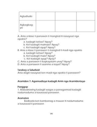 Agtudtudo 
Agbagbag- yo 
A. Ania a klase ti panawen ti mangted iti nasayaat nga epekto? 
a. kadagiti tattao? Apay? 
b. Ket kadagiti mulmula? Apay? 
c. Ket kadagiti ayup? Apay? 
B. Ania a klase ti panawen ti mangted ti madi nga epekto 
a. kadagiti tattao? Apay? 
b. Ket kadagiti mula? Apay? 
c. Ket kadagiti ayup? Apay? 
C. Ania a panawen ti kaykayatam unay? Apay? 
D. Ania a panawen ti saanmo a kayat? Apay? 
Tarabay a Saludsod 
Ania dagiti nasayaat ken madi nga epekto ti panawen? 
Aramiden 7: Agannadtayo kadagiti Amin nga Aramidentayo 
Panggep 
1. Makadrowing kadagiti wagas a panagannad kadagiti nadumaduma a kasasaad panawen. 
Aramaten 
Badbado ken bambanag a mausar iti nadumaduma a kasasaad ti panawen 
181 
 
