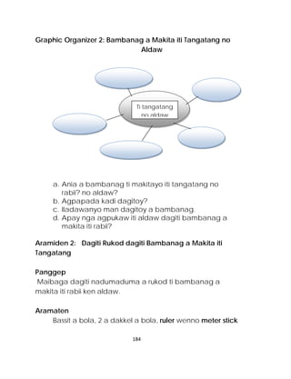 Graphic Organizer 2: Bambanag a Makita iti Tangatang no Aldaw 
a. Ania a bambanag ti makitayo iti tangatang no rabii? no aldaw? 
b. Agpapada kadi dagitoy? 
c. Iladawanyo man dagitoy a bambanag. 
d. Apay nga agpukaw iti aldaw dagiti bambanag a makita iti rabii? 
Aramiden 2: Dagiti Rukod dagiti Bambanag a Makita iti Tangatang 
Panggep 
Maibaga dagiti nadumaduma a rukod ti bambanag a makita iti rabii ken aldaw. 
Aramaten 
Bassit a bola, 2 a dakkel a bola, ruler wenno meter stick 
Sky at day 
Ti tangatang no aldaw 
184 
 