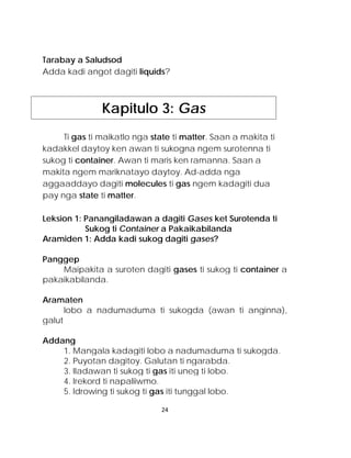Tarabay a Saludsod 
Adda kadi angot dagiti liquids? 
Ti gas ti maikatlo nga state ti matter. Saan a makita ti kadakkel daytoy ken awan ti sukogna ngem surotenna ti sukog ti container. Awan ti maris ken ramanna. Saan a makita ngem mariknatayo daytoy. Ad-adda nga aggaaddayo dagiti molecules ti gas ngem kadagiti dua pay nga state ti matter. 
Leksion 1: Panangiladawan a dagiti Gases ket Surotenda ti 
Sukog ti Container a Pakaikabilanda 
Aramiden 1: Adda kadi sukog dagiti gases? 
Panggep 
Maipakita a suroten dagiti gases ti sukog ti container a pakaikabilanda. 
Aramaten 
lobo a nadumaduma ti sukogda (awan ti anginna), galut 
Addang 
1. Mangala kadagiti lobo a nadumaduma ti sukogda. 
2. Puyotan dagitoy. Galutan ti ngarabda. 
3. Iladawan ti sukog ti gas iti uneg ti lobo. 
4. Irekord ti napaliiwmo. 
5. Idrowing ti sukog ti gas iti tunggal lobo. 
Kapitulo 3: Gas 
24 
 