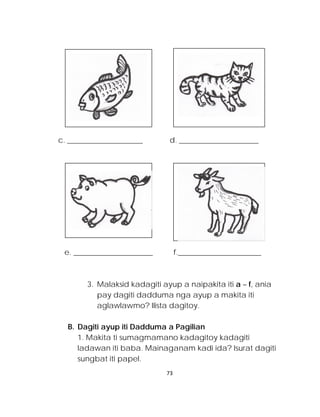 c. ____________________ d. _____________________ 
e. _____________________ f.______________________ 
3. Malaksid kadagiti ayup a naipakita iti a – f, ania pay dagiti dadduma nga ayup a makita iti aglawlawmo? Ilista dagitoy. 
B. Dagiti ayup iti Dadduma a Pagilian 
1. Makita ti sumagmamano kadagitoy kadagiti ladawan iti baba. Mainaganam kadi ida? Isurat dagiti sungbat iti papel. 
73 
 