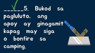 ______5. Bukod sa
pagluluto, ang
apoy ay ginagamit
kapag may siga
o bonfire sa
camping.
 