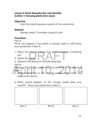 DRAFT
April 10, 2014
103
Lesson 2: Plants Reproduction and Heredity
Activity 1: Growing plants from seeds
Objective
Infer that plants produce plants of the same kind.
Material
Mongo seeds, 3 wooden boxes/3 cans
Procedure
Part A
What will happen if you plant a mongo seed in soil? Draw
your prediction in Box A.
1. Place four mongo seeds in a small container containing
soil.
2. Water the seeds.
3. Observe the seeds on the following day.
Part B
Observe the mongo seeds that you planted in the previous
day.
a. What happened to the mongo seeds? Draw what you
observed in Box B.
b. What would happen to the mongo seeds after one
month? Draw your prediction in Box C.
Box A Box B Box C
 