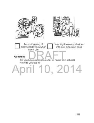 DRAFT
April 10, 2014
144
Questions
Do you have extension outlet at home or in school?
How do you use it?
Removing plug of
electrical devices when
not in use
Inserting too many devices
into one extension cord
 