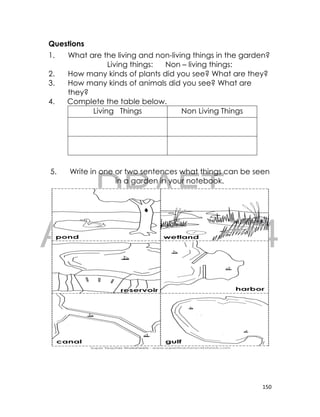 DRAFT
April 10, 2014
150
Questions
1. What are the living and non-living things in the garden?
Living things: Non – living things:
2. How many kinds of plants did you see? What are they?
3. How many kinds of animals did you see? What are
they?
4. Complete the table below.
Living Things Non Living Things
5. Write in one or two sentences what things can be seen
in a garden in your notebook.
 