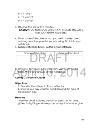 DRAFT
April 10, 2014
156
b. Is it rainy?
c. Is it windy?
d. Is it stormy?
3. Observe the sky for five minutes.
CAUTION: DO NOT LOOK DIRECTLY AT THE SUN. THE SUN’S
RAYS CAN HARM YOUR EYES.
4. Draw some of the objects that you see in the sky. Use
coloring pencils or pens for your drawing. Do this in your
notebook.
5. Complete the table below. Do this in your notebook.
6. Describe the clouds based on what you wrote on the
table. Write your answer in your notebook.
Activity 2 : Types of Clouds
Objectives
1. Describe the different clouds in the sky.
2. Show a four-day weather condition and the type of
cloud each day.
Materials
weather chart, coloring pencils, or pens, cotton balls,
glitters for lighting and rain paper and pair of scissors glue
Shape of the cloud Color of the cloud
 