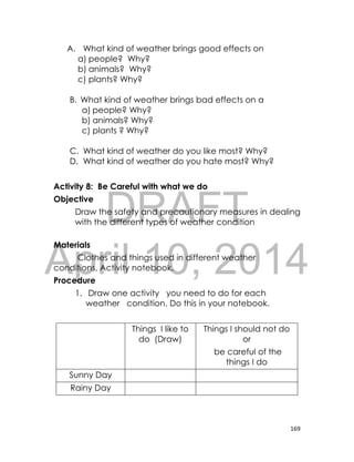 DRAFT
April 10, 2014
169
A. What kind of weather brings good effects on
a) people? Why?
b) animals? Why?
c) plants? Why?
B. What kind of weather brings bad effects on a
a) people? Why?
b) animals? Why?
c) plants ? Why?
C. What kind of weather do you like most? Why?
D. What kind of weather do you hate most? Why?
Activity 8: Be Careful with what we do
Objective
Draw the safety and precautionary measures in dealing
with the different types of weather condition
Materials
Clothes and things used in different weather
conditions, Activity notebook.
Procedure
1. Draw one activity you need to do for each
weather condition. Do this in your notebook.
Things I like to
do (Draw)
Things I should not do
or
be careful of the
things I do
Sunny Day
Rainy Day
 