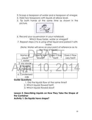 DRAFT
April 10, 2014
19
3. Scoop a teaspoon of water and a teaspoon of vinegar.
4. Hold two teaspoons with liquids at elbow level.
5. Tip both hands at the same time as shown in the
picture.
6. Record your observation in your notebook.
Which flows faster, water or vinegar?
7. Repeat steps 2 to 6 using other liquid and paired it with
water.
(Note: Water will serve as your point of reference as to
the flow of liquid.)
Name of
Liquid
Does it flow
slowly?
Does it flow
fast?
Does it flow
very fast?
1. water
2. soy sauce
3. vinegar
4. shampoo
5. oil
6. Condensed
milk
Guide Questions
1. Did the liquids flow at the same time?
2. Which liquids flowed fast?
3. Which liquids flowed slow?
Lesson 3: Describing Liquids on How They Take the Shape of
the Container
Activity 1: Do liquids have shape?
 