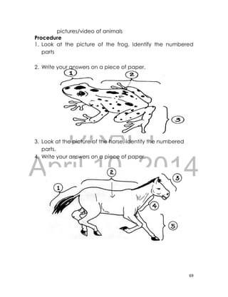DRAFT
April 10, 2014
69
pictures/video of animals
Procedure
1. Look at the picture of the frog. Identify the numbered
parts
2. Write your answers on a piece of paper.
3. Look at the picture of the horse. Identify the numbered
parts.
4. Write your answers on a piece of paper.
 