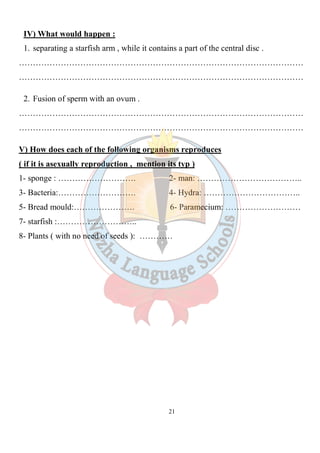 21
IV) What would happen :
1. separating a starfish arm , while it contains a part of the central disc .
…………………………………………………………………………………………
…………………………………………………………………………………………
2. Fusion of sperm with an ovum .
…………………………………………………………………………………………
…………………………………………………………………………………………
V) How does each of the following organisms reproduces
( if it is asexually reproduction , mention its typ )
1- sponge : ………………………. 2- man: ………………………………..
3- Bacteria:………………………. 4- Hydra: ……………………………..
5- Bread mould:…………………. 6- Paramecium: ………………………
7- starfish :………………………..
8- Plants ( with no need of seeds ): …………
 