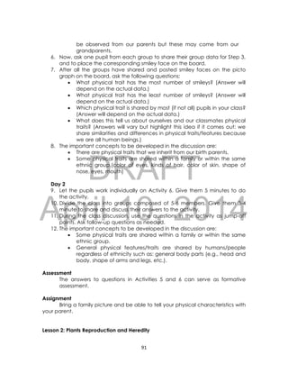 DRAFT
April 10, 2014
91
be observed from our parents but these may come from our
grandparents.
6. Now, ask one pupil from each group to share their group data for Step 3,
and to place the corresponding smiley face on the board.
7. After all the groups have shared and posted smiley faces on the picto
graph on the board, ask the following questions:
 What physical trait has the most number of smileys? (Answer will
depend on the actual data.)
 What physical trait has the least number of smileys? (Answer will
depend on the actual data.)
 Which physical trait is shared by most (if not all) pupils in your class?
(Answer will depend on the actual data.)
 What does this tell us about ourselves and our classmates physical
traits? (Answers will vary but highlight this idea if it comes out: we
share similarities and differences in physical traits/features because
we are all human beings.)
8. The important concepts to be developed in the discussion are:
 There are physical traits that we inherit from our birth parents.
 Some physical traits are shared within a family or within the same
ethnic group.(color of eyes, kinds of hair, color of skin, shape of
nose, eyes, mouth)
Day 2
9. Let the pupils work individually on Activity 6. Give them 5 minutes to do
the activity.
10. Divide the class into groups composed of 5-6 members. Give them 3-4
minute to share and discuss their answers to the activity.
11. During the class discussion, use the questions in the activity as jump-off
points. Ask follow-up questions as needed.
12. The important concepts to be developed in the discussion are:
 Some physical traits are shared within a family or within the same
ethnic group.
 General physical features/traits are shared by humans/people
regardless of ethnicity such as: general body parts (e.g., head and
body, shape of arms and legs, etc.).
Assessment
The answers to questions in Activities 5 and 6 can serve as formative
assessment.
Assignment
Bring a family picture and be able to tell your physical characteristics with
your parent.
Lesson 2: Plants Reproduction and Heredity
 