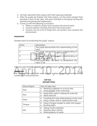 DRAFT
April 10, 2014
103
4. Let them decorate their outputs with their colouring materials.
5. After the pupils are finished with their outputs. Let the teams present their
promises in front of the class, with each member of the group reciting the
promise and giving short explanation.
6. Come up with the following conclusions.
 There is a need to protect and conserve the environment.
 Humans perform activities that harm the environment.
 Humans can do a lot of things that can protect and conserve the
environment.
Assessment
Sample rubric for evaluating the pupils’ outputs
Points Description
5 The pupils demonstrate full understanding of the
topic.
4 The pupils demonstrate good understanding of
the topic.
3 The pupils demonstrate good understanding of
parts of the topic.
2 The pupils does not seem to understand the
topic at all
You may add neatness, legibility and attractiveness to the criteria for evaluation.
Assignment
The students may write their own slogans or draw a poster on environmental
conservation and protection.
Unit Test
(Sample Only)
Sense Organs How to take care
Eyes
 Wearing sunglasses on a sunny day
 Using goggles when swimming
Ears
 Using clean cloth in wiping the outer ear
 Wear earmuffs
Nose
 Covering the nose while passing a dusty road
 Using a clean cloth in cleaning the nose
Tongue
 Using a tongue scraper to clean the tongue
 Brushing teeth
Skin
 Taking a bath everyday
 Wearing clean clothes
 Drinking plenty of water
 