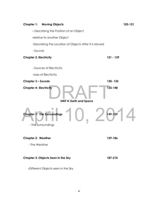 DRAFT
April 10, 2014
xi
Chapter 1: Moving Objects 103-121
- Describing the Position of an Object
relative to another Object
-Describing the Location of Objects After it is Moved
- Sounds
Chapter 2: Electricity 121 - 129
- Sources of Electricity
-Uses of Electricity
Chapter 3 – Sounds 130- 135
Chapter 4- Electricity 135-148
UNIT 4: Earth and Space
Chapter 1: The Surroundings 149-159
- The Surroundings
Chapter 2: Weather 159-186
- The Weather
Chapter 3: Objects Seen in the Sky 187-210
-Different Objects seen in the Sky
 